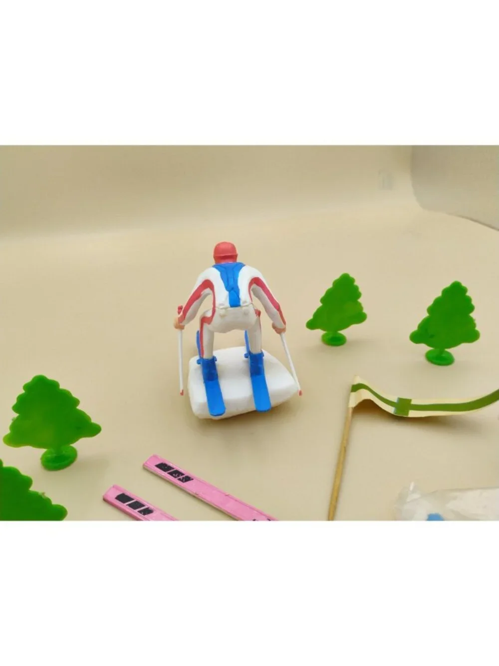 Vintage Cake Topper Plastic Downhill Skier Ski Figurines Accessories & Trees